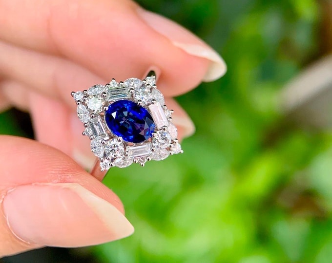 Natural Sri Lanka royal blue sapphire ring 18k white gold/Diamond cluster double halo oval sapphire engagement ring women