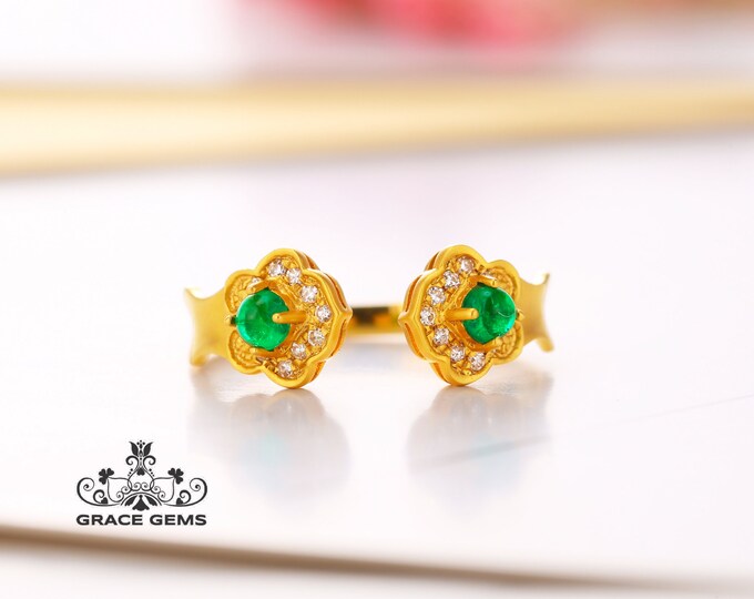 18k gold natural oval emerald engagement wedding ring in 18k gold with diamonds/emerald gemstone made/one of a kind gift/Art Deco promise