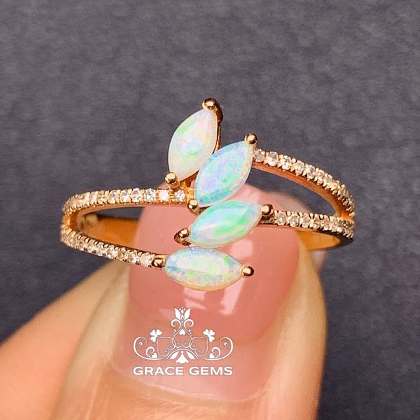 Twig Cluster Marquise Natural Ethiopian Opal Ring in 18k/ roseGold with Diamonds/Mexican Fire Opal/Boulder Opal Engagement ring/Fire Opal