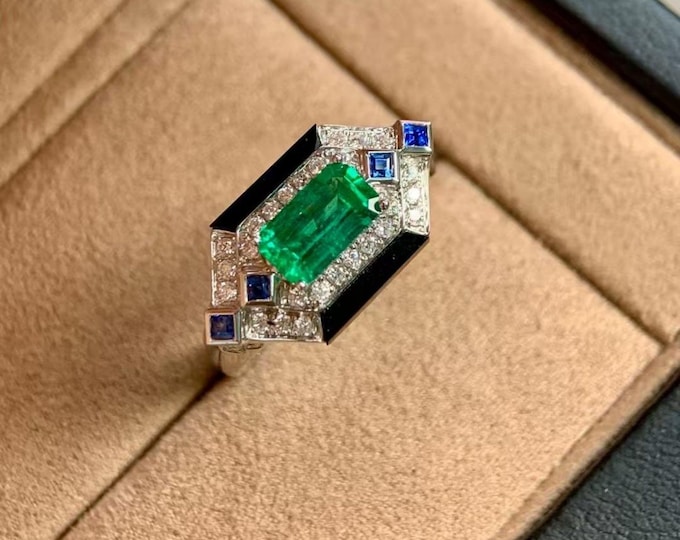 unique natural emerald ring in solid gold/handmade emerald fine ring with diamonds/high end personalized fine jewelry gift/engagement ring