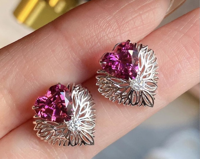 18k White Gold Heart Shape Purple Tourmaline studs earrings/Dainty unique quality tourmaline studs earrings/handmade art deco fine jewelry