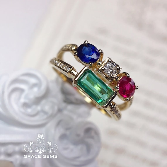 Three Stone Ring emerald Ruby Sapphire Engagement Wedding Ring in 18k14k Gold With Diamond certified Natural Genuine Vintage handmade Ring Etsy