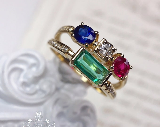 Three stone ring/Emerald Ruby Sapphire Engagement Wedding Ring in 18k14k gold with diamond/certified natural genuine Vintage/handmade ring