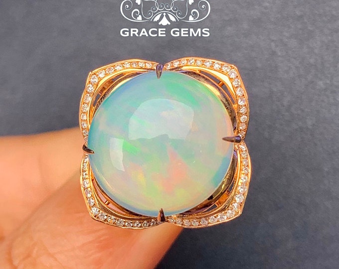 Big gem Boulder Genuine Ethiopian Opal Ring in 18k Solid Rose Gold with Diamonds/Natural Opal/Raw Opal Engagement ring/Uniqie gift for her