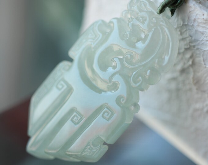 Unique Carved Natural Myanmar Icy Green Jadeite Jade Pendant with Hand knitting Rope/One of a kind Jade Capochon/Egyptian Jewelry/Real Jade