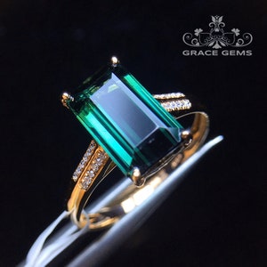 Natural teal tourmaline engagement ring/unique 18k rose gold diamond halo blue green tourmaline ring for women/bridal jewelry/boho band