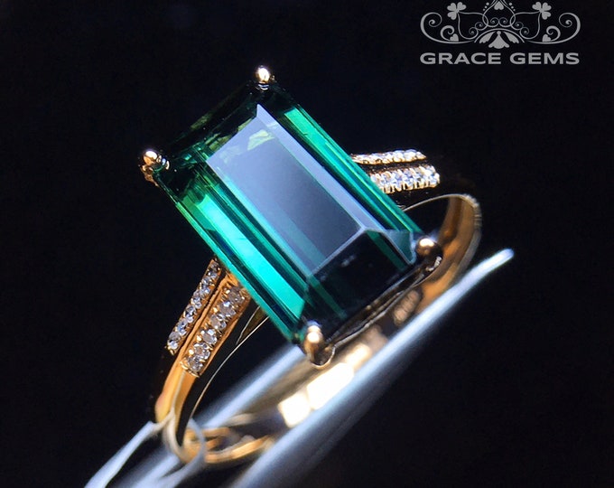 Natural teal tourmaline engagement ring/unique 18k rose gold diamond halo blue green tourmaline ring for women/bridal jewelry/boho band