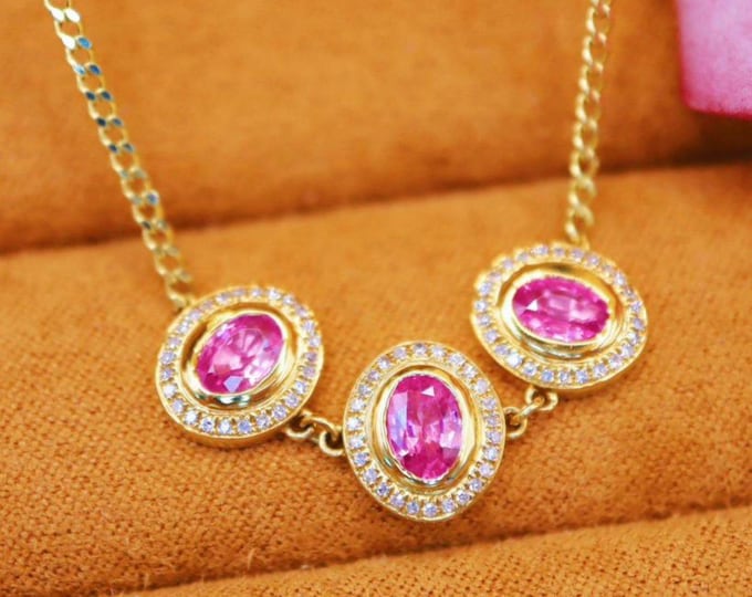 Natural p9ink sapphire pendant necklace in 18k solid gold/unique three stones necklace/birthstone necklace/unique personalized jewelry women