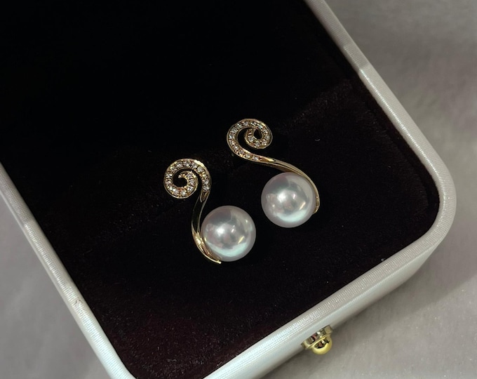18k Gold Akoya Pearl Earrings with Diamonds: Handmade Anniversary Pearl Jewelry/9mm salty pearl dangle earrings/unique trendy fashion pearls