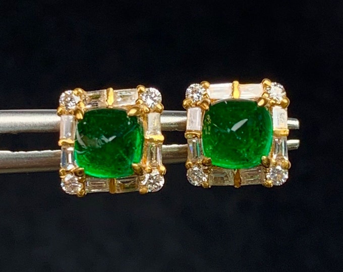 Genuine Zambia emerald studs in 18k solid yellow gold with diamonds/Halo emerald earrings/Unique quality handmade emerald jewelry/Vintage