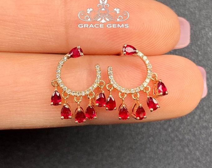 18k gold natural ruby studs with diamond/Victorian Gothic Ruby earrings/handmade jewelry/bridal accessory/For women/Birthday anniversary
