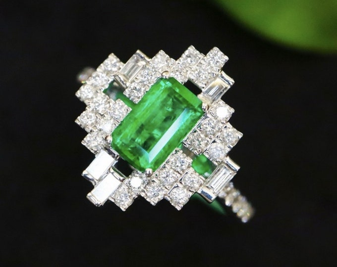 Natural emerald ring with cluster diamonds in 18k white gold/Unique emerald ring pendant/handmade art deco emerald jewelry for her birthday