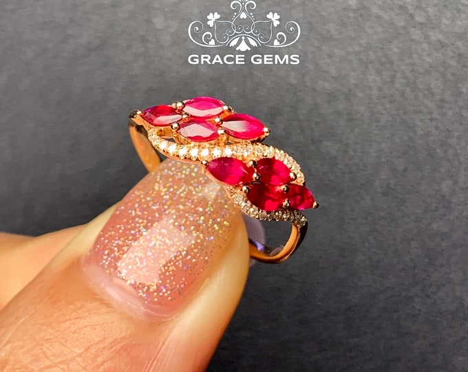 18K Rose Gold ruby ring/Natural Engagement Ring with Diamonds/halo ruby wedding ring/Vintage Handmade jewelry ring for women Bridal set/boho