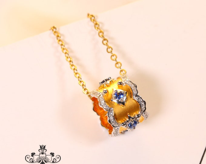 Unique Design Genuine Sapphire Pendant in 18k gold diamonds/One of a kind Necklace/Anniversary Birthday Choker/Celtic Blue gem Jewelry