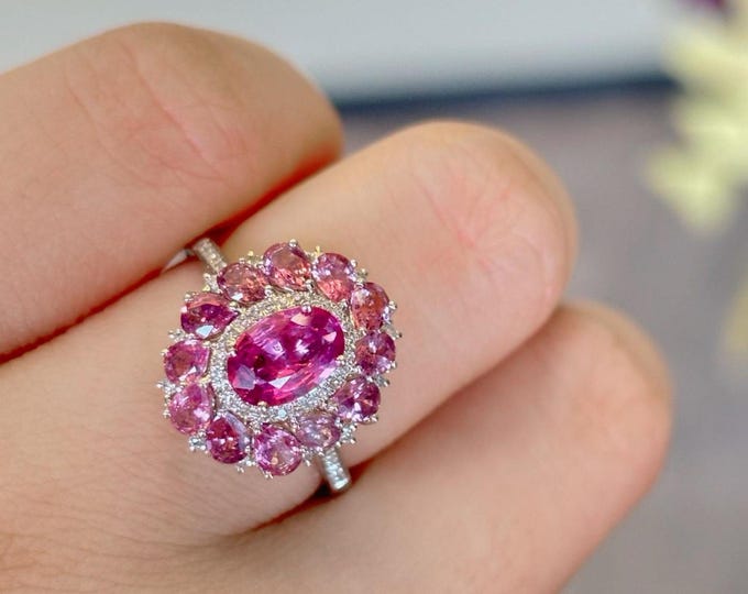 Certified Natural Multi-stone Padparadscha Sapphire Engagement Ring in 18k14k Gold & Diamond/Blue gemstone/Vintage Antique/Art Deco/Celtic