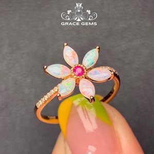 Flower Cluster Marquise Genuine Australian Opal Engagement Ring in 18k Rose Gold with Diamonds/Fire Opal/Boulder Opal wedding ring/Fire Opal
