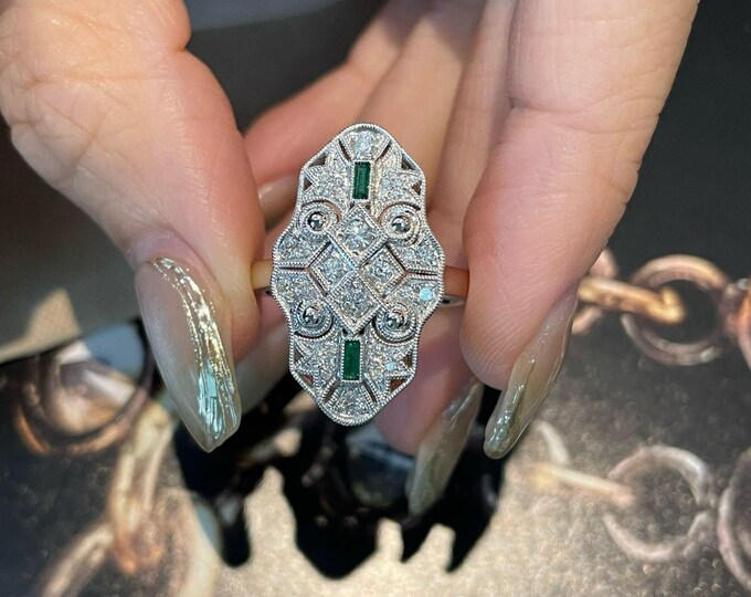 Unique 18k white gold emerald ring with quality diamonds/Vintage Victoria art deco emerald diamond engagement ring/Handmade fine jewelry