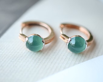 18k Rose Gold Myanmar Natural greenish blue Icy Type A Jadeite Earrings/Unique circle Victorian Gothic Jade studs/One of a kind gift for her