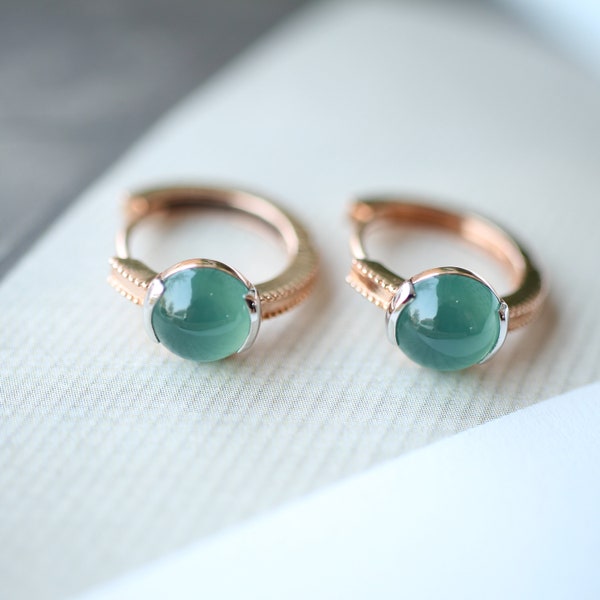 18k Rose Gold Myanmar Natural greenish blue Icy Type A Jadeite Earrings/Unique circle Victorian Gothic Jade studs/One of a kind gift for her