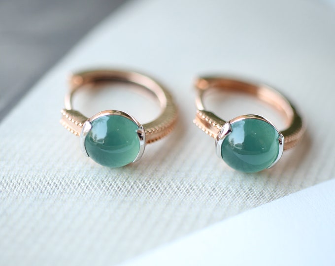 18k Rose Gold Myanmar Natural greenish blue Icy Type A Jadeite Earrings/Unique circle Victorian Gothic Jade studs/One of a kind gift for her