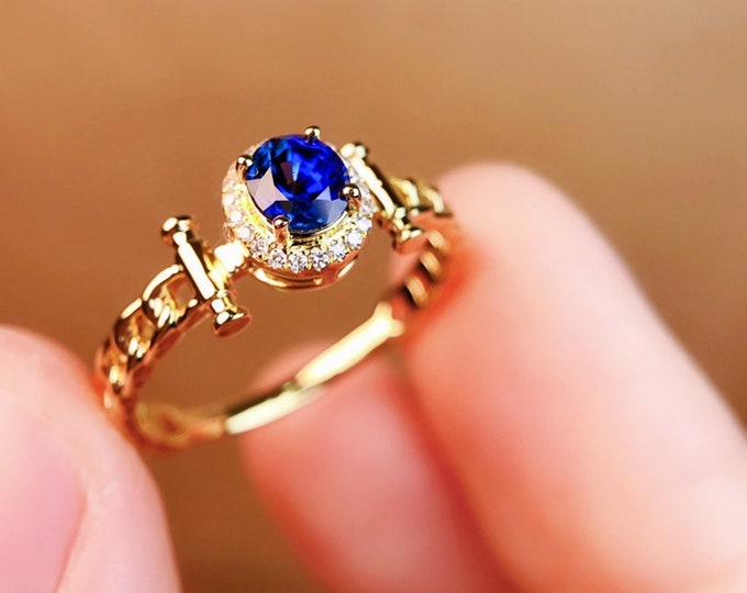 Unique 18k/14k solid yellow gold natural untreated royal blue thin sapphire ring/Victoria Vintage Diamond engagement over time sapphire ring
