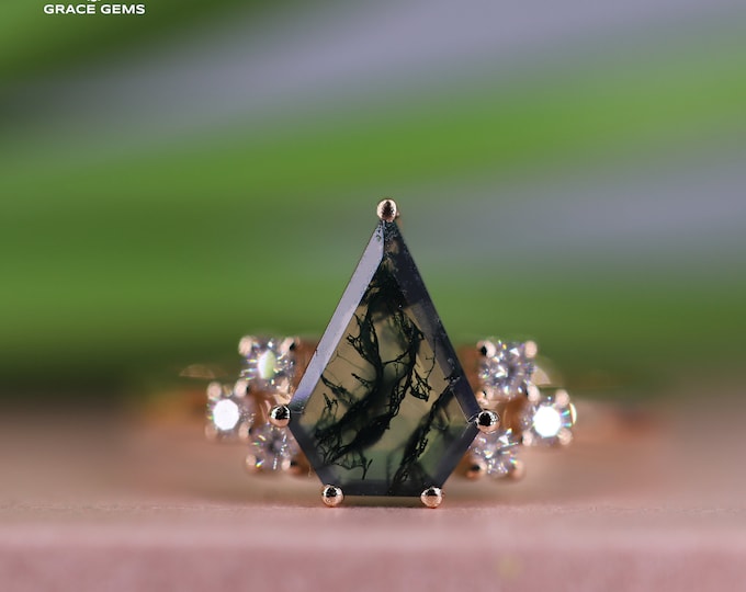 18k Solid Rose Gold Kite Shape 6X7mm Moss Agate Ring/Engagement Wedding Ring With Moissanite/Custom Unique Anniversary Gift/Handmade Raw Gem