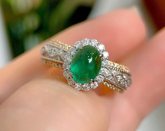 18k White Gold Emerald Ring: Art Deco Diamond Halo Cabochon Emerald Engagement Ring/Natural emerald, heirloom emerald,custom emerald ring