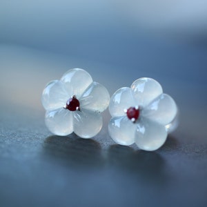 18k white Gold Myanmar Natural Icy Type Jadeite Jade Studs/Ruby Flower Heart/Translucent Burmese Jade earrings/One of a kind gift for her