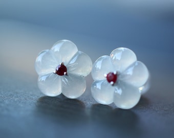 18k white Gold Myanmar Natural Icy Type Jadeite Jade Studs/Ruby Flower Heart/Translucent Burmese Jade earrings/One of a kind gift for her
