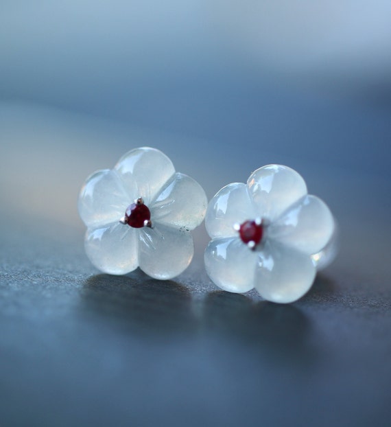 18k Gold Jade Flower Earrings: Myanmar Jadeite & Ruby Studs