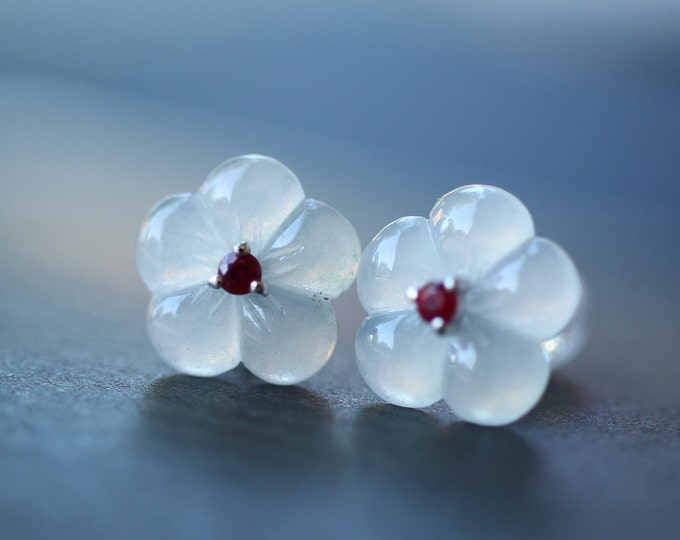 18k white Gold Myanmar Natural Icy Type Jadeite Jade Studs/Ruby Flower Heart/Translucent Burmese Jade earrings/One of a kind gift for her