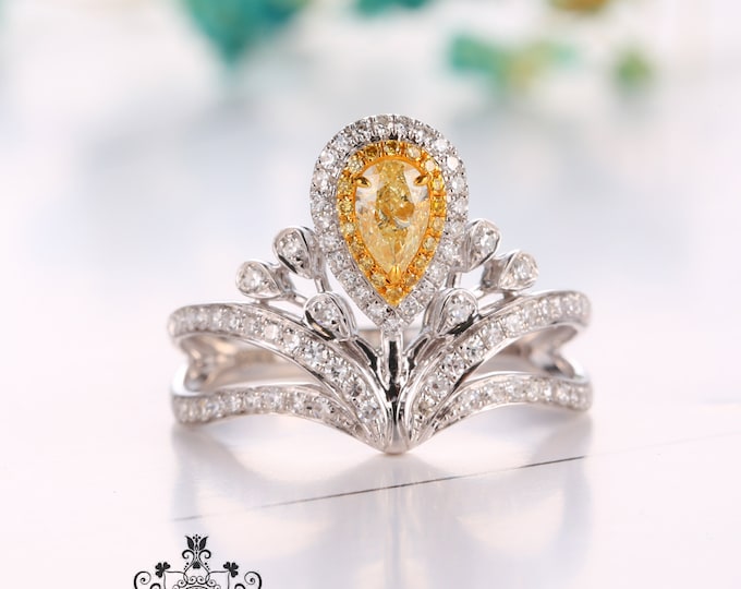 Pear Crown shape 18k White  Gold Natural Yellow Diamond Engagement Wedding Ring/Eternity Forever one/Promised ring one of a kind/Art Deco