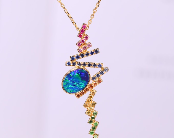 Genuine Australian Black Opal Pendant in 18k gold Sapphire/Boulder Opal Necklace/Anniversary Birthday Choker/One of a kind opal jewelry gif