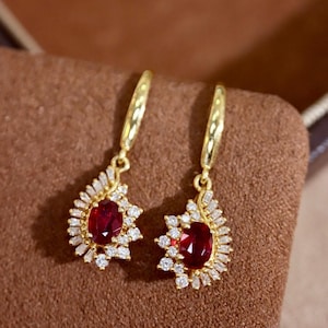 Natural Untreated Cabochon Pigeon Blood Ruby Earrings, 18K White Gold Pear Ruby Double Halo Diamond Dangle Earrings for women