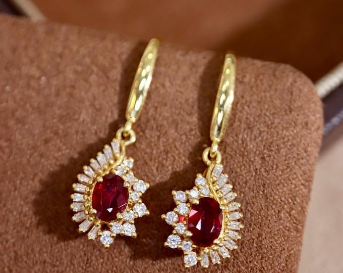 Natural Untreated Cabochon Pigeon Blood Ruby Earrings, 18K White Gold Pear Ruby Double Halo Diamond Dangle Earrings for women