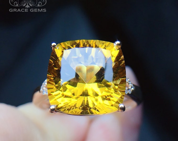 18k gold rare natural Citrine engagement wedding ring/Crystal made/Promised ring/one of a kind gift for her/Celtic Unique Huge gem stone