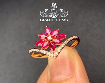 18k Rose Gold Ruby Ring: Art Deco Diamond Halo Flower Ring/elegant luxury gift,collector piece,museum quality/handmade fine ruby jewelry