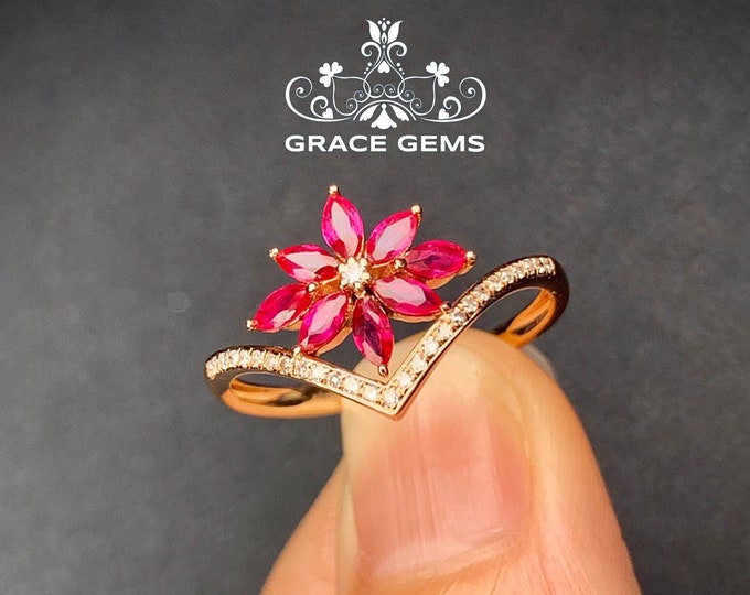 18k rose gold real ruby wedding ring/curvy natural ruby cluster ring/diamond halo ruby ring/Handmade  Art Deco ruby ring/Dainty ruby ring