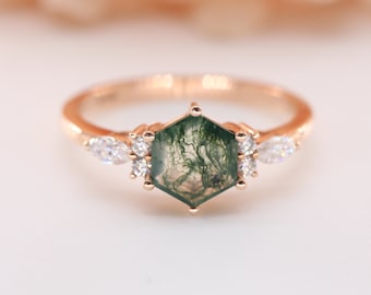 18k rose gold hexagon moss agate engagement ring/Moss agate ring with diamond/Custom dainty moss agate wedding ring/Handmade moss agate ring