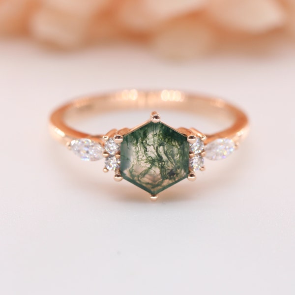 18k rose gold hexagon moss agate engagement ring/Moss agate ring with diamond/Custom dainty moss agate wedding ring/Handmade moss agate ring