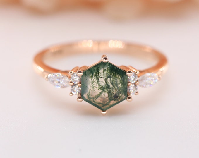 18k rose gold hexagon moss agate engagement ring/Moss agate ring with diamond/Custom dainty moss agate wedding ring/Handmade moss agate ring