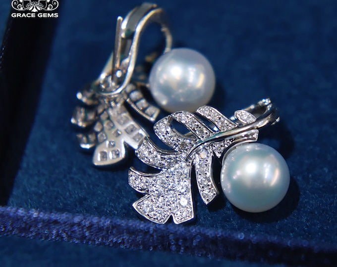 9-10mm 18k white gold  Natural Japanese Akoya Sea Pearl Clip-on Earrings/Pearl earrings with diamonds/Certified pearl anniversary earrings