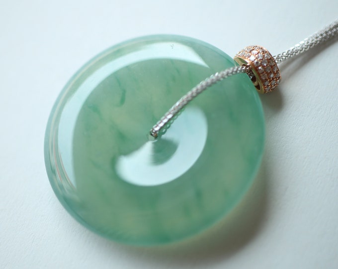 Natural Myanmar Burmese Icy Green Jadeite Jade Donut Pendant with Hand knitting Rope/One of a kind Jade Capochon/Egyptian Jewelry/Real Jade