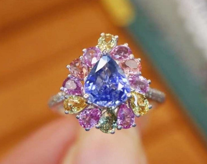 Unique Natural Sapphire Engagement Ring in 18k white gold/Multi color rainbow sapphire ring/Vintage Antique sapphire ring/Art Deco ring