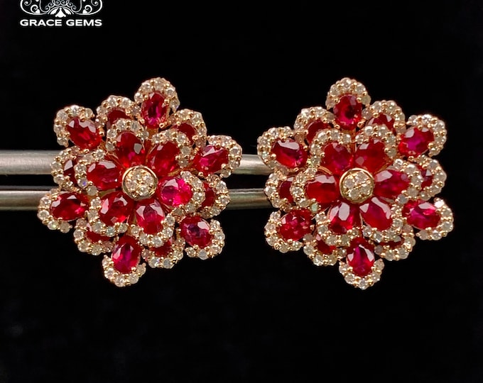 Flower Natural Mozambique ruby earring studs/18k rose gold with diamond earrings/natural real ruby earrings/red flower ruby/Antique trendy