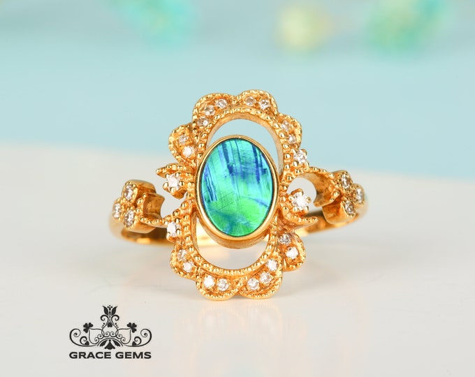 0.62 CT Natural Australian Black Blue Opal Engagementl Ring in18k/14k Gold&Diamonds/Full Eternity/Boulder Opal Engagement Wedding Band/Raw