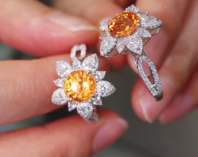 18k White Gold Vintage Natural Fanta ring/Handmade orange garnet wedding Ring/Halo Fanta Ring/Unique fanta ring for her/Nature-inspired ring