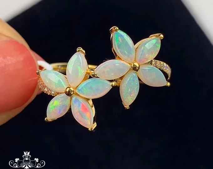18k Rose Gold Double Flowers Cluster Opal ring/Natural Marquise Australian Opal Engagement Ring/Vintage Handmade unique wedding bridal gift