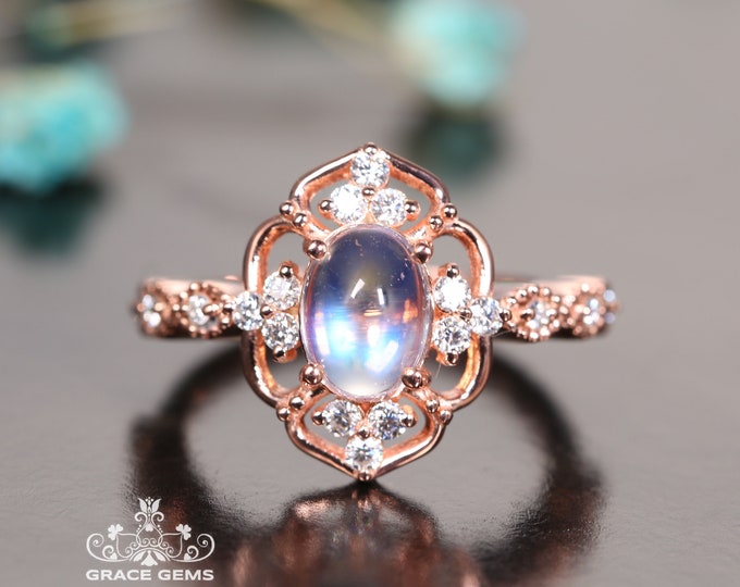 Top Quality Genuine Moonstone Celtic Engagement Wedding Ring in 18k rose gold diamond/5mmX10mm triple Color Gem Wedding/Vintage Anniversary