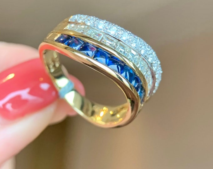 Unique designer 18k/14k solid gold natural Sri Lanka royal sapphire engagement ring with diamonds/Blue gemstone/Vintage Antique/Art Deco